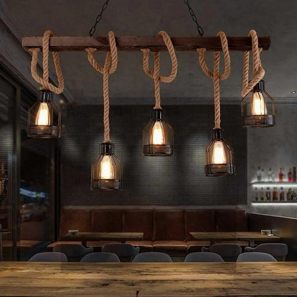 LAMPADARIO A SOSPENSIONE 5 PORTALAMPADA CORDA LAMPADA VINTAGE COUNTRY E27 A91-5