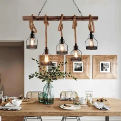 LAMPADARIO A SOSPENSIONE 5 PORTALAMPADA CORDA LAMPADA VINTAGE COUNTRY E27 A91-5