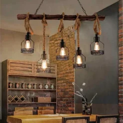 LAMPADARIO A SOSPENSIONE 5 PORTALAMPADA CORDA LAMPADA VINTAGE COUNTRY E27 A91-5