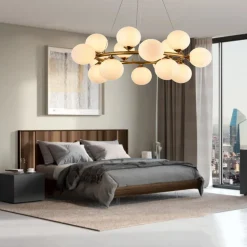 LAMPADARIO A SOSPENSIONE CONTEMPORANEO IN METALLO BRONZO CON 15 SFERE ATTACCO G9 B94