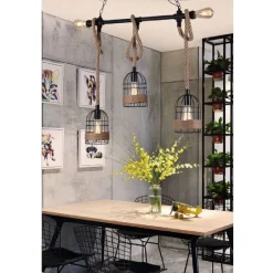 LAMPADARIO A SOSPENSIONE STILE INDUSTRIALE IN METALLO CORDA CANAPA RETRÒ B60-5