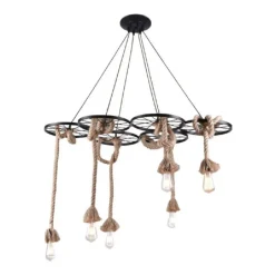 LAMPADARIO A SOSPENSIONE CON CORDE CANAPA 6 PORTALAMPADA E27 RETRÒ COUNTRY A89-6