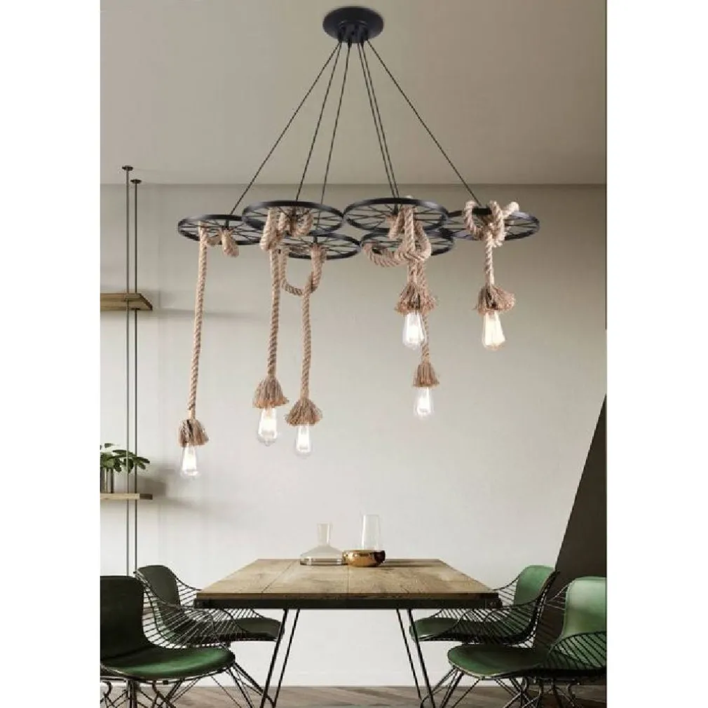 LAMPADARIO A SOSPENSIONE CON CORDE CANAPA 6 PORTALAMPADA E27 RETRÒ COUNTRY A89-6