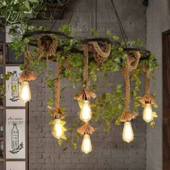 LAMPADARIO A SOSPENSIONE CON CORDE CANAPA 6 PORTALAMPADA E27 RETRÒ COUNTRY A89-6