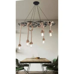 LAMPADARIO A SOSPENSIONE CON CORDE CANAPA 6 PORTALAMPADA E27 RETRÒ COUNTRY A89-6