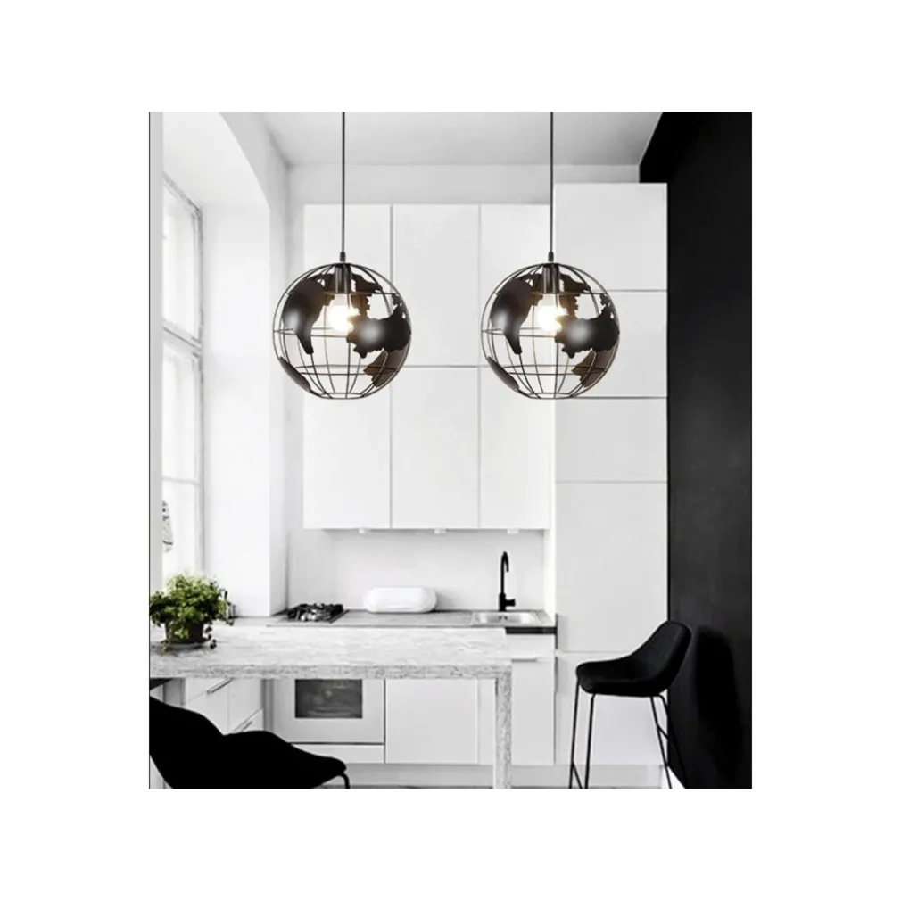 LAMPADARIO A SOSPENSIONE MAPPAMONDO E27 IN METALLO NERO SFERA GLOBO SOSPESO 33948