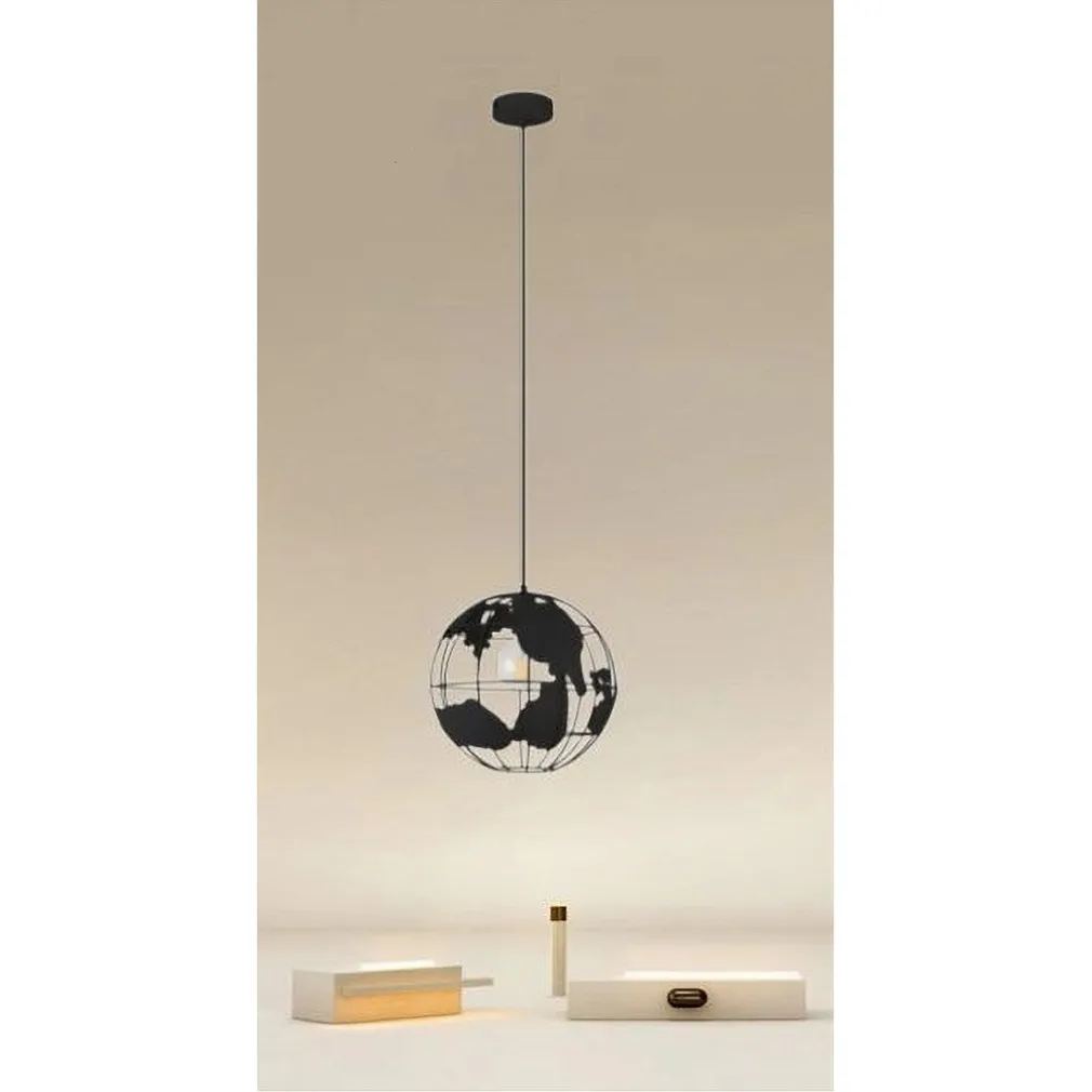 LAMPADARIO A SOSPENSIONE MAPPAMONDO E27 IN METALLO NERO SFERA GLOBO SOSPESO 33948