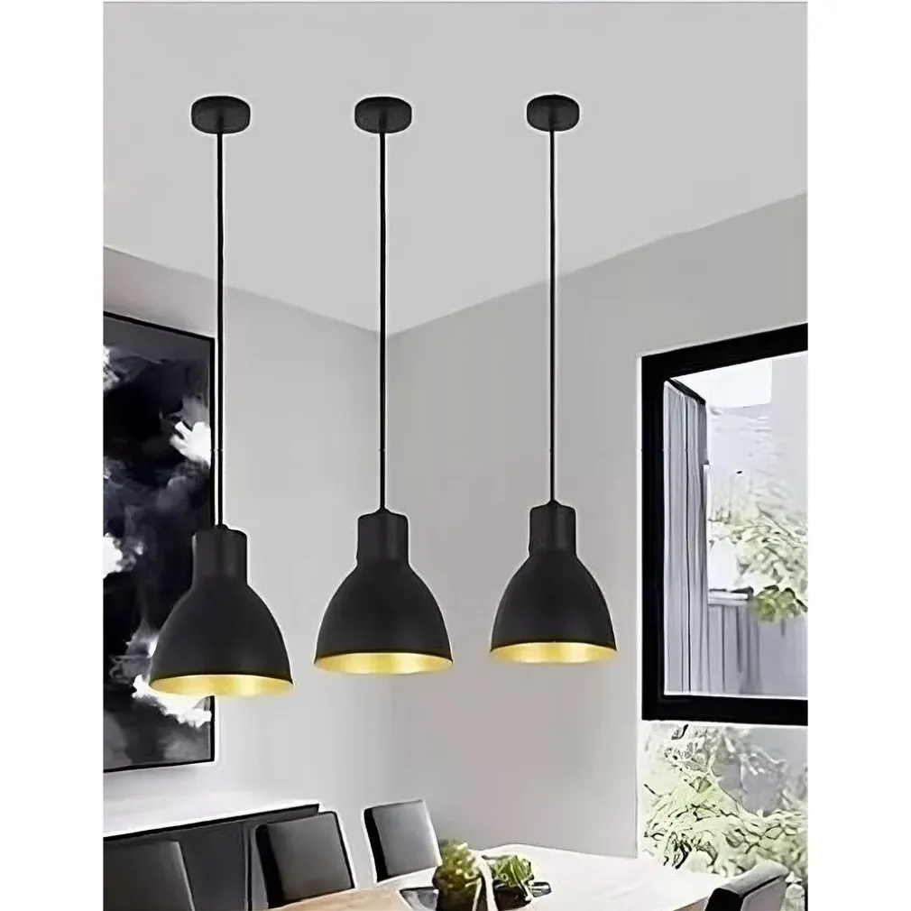LAMPADARIO A SOSPENSIONE E27 FERRO PARALUME MODERNO CONTEMPORANEO CAMPANELLA NERA ORO 33269
