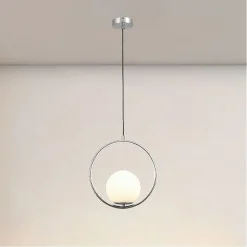 LAMPADARIO A SOSPENSIONE CERCHIO METALLO SFERA VETRO BIANCO ATTACCO E27 ARGENTO 33467