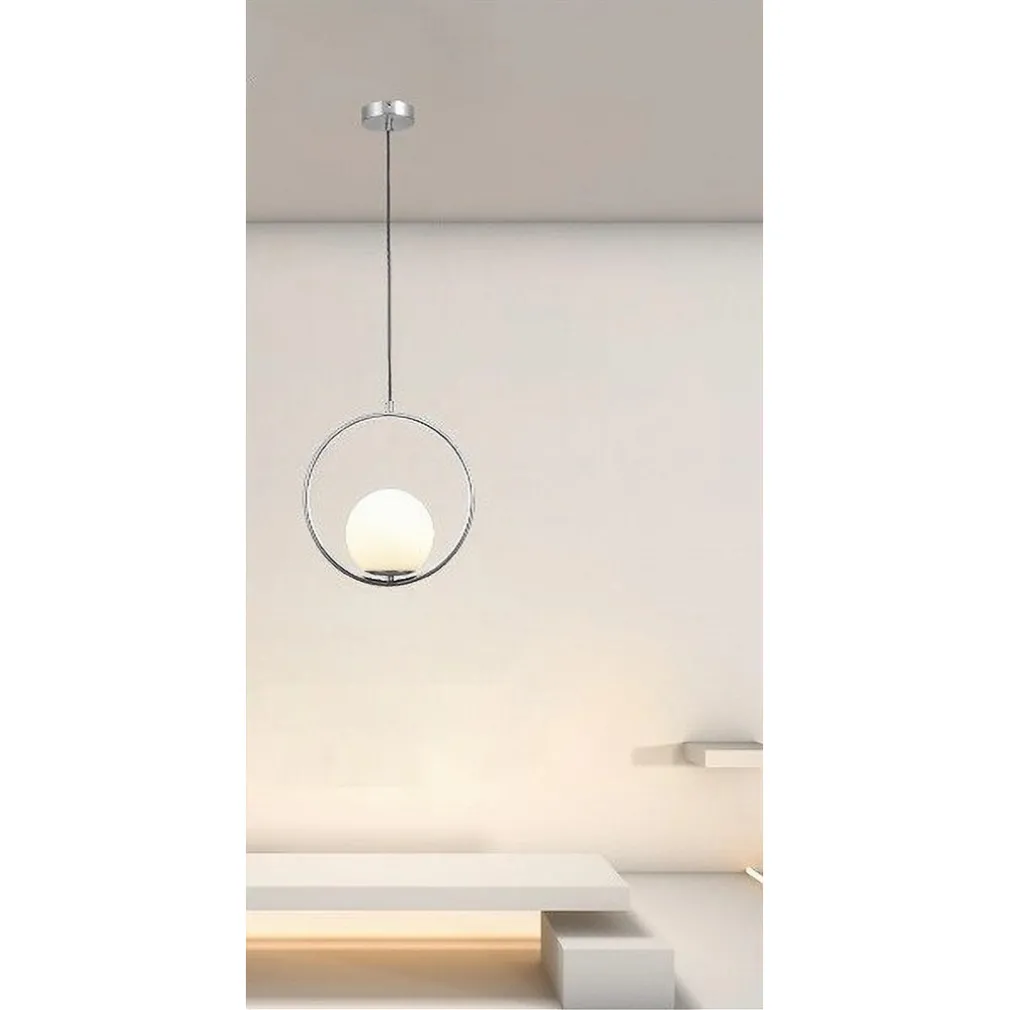 LAMPADARIO A SOSPENSIONE CERCHIO METALLO SFERA VETRO BIANCO ATTACCO E27 ARGENTO 33467