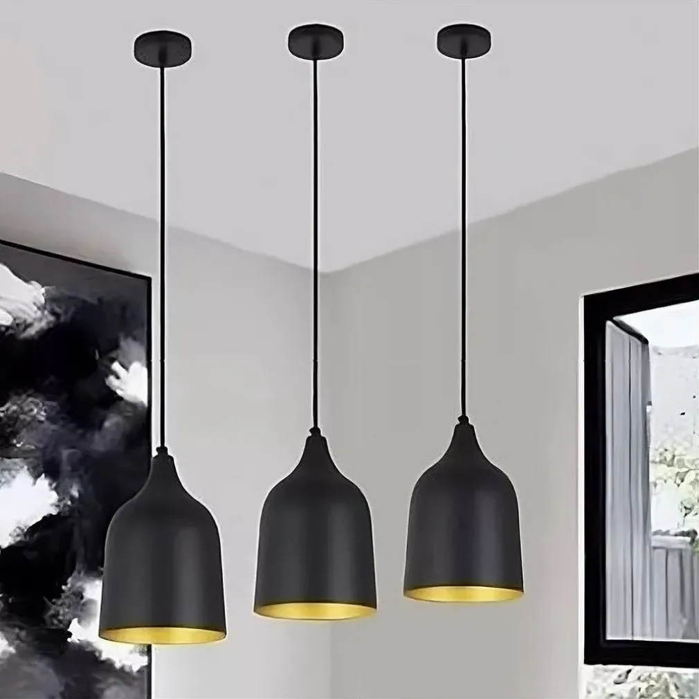 LAMPADARIO A SOSPENSIONE E27 FERRO PARALUME MODERNO CONTEMPORANEO CAMPANA NERO ORO 33290