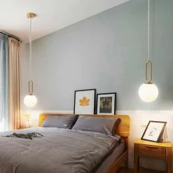 LAMPADARIO A SOSPENSIONE MINIMALISTA OVALE METALLO BRONZO CON SFERA VETRO G9 A96