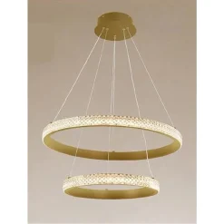LAMPADARIO A SOSPENSIONE LED 60W 2 CERCHI ANELLI CRISTALLO TELECOMANDO ORO 31975