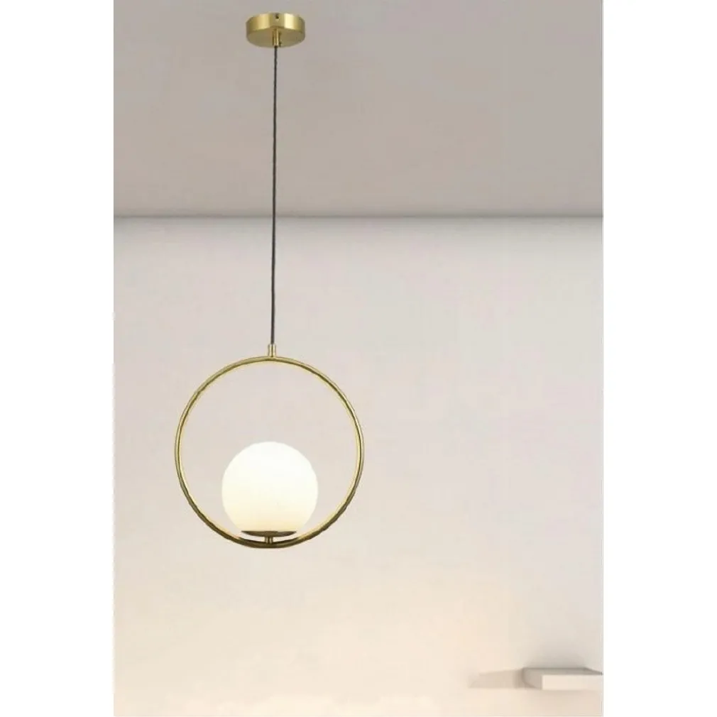 LAMPADARIO A SOSPENSIONE CERCHIO METALLO CON SFERA VETRO BIANCO ATTACCO E27 ORO 32811