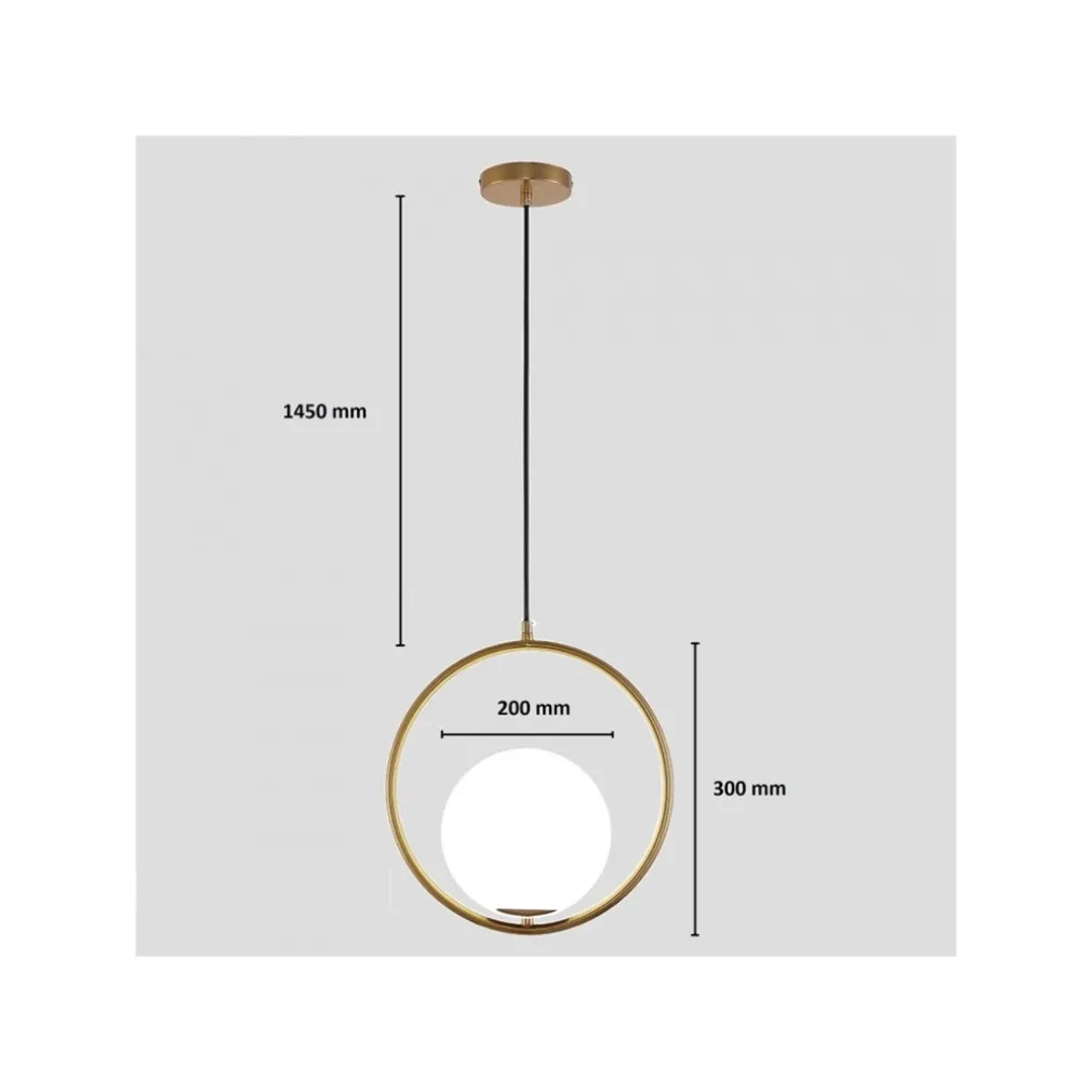 LAMPADARIO A SOSPENSIONE CERCHIO METALLO CON SFERA VETRO BIANCO ATTACCO E27 ORO 32811