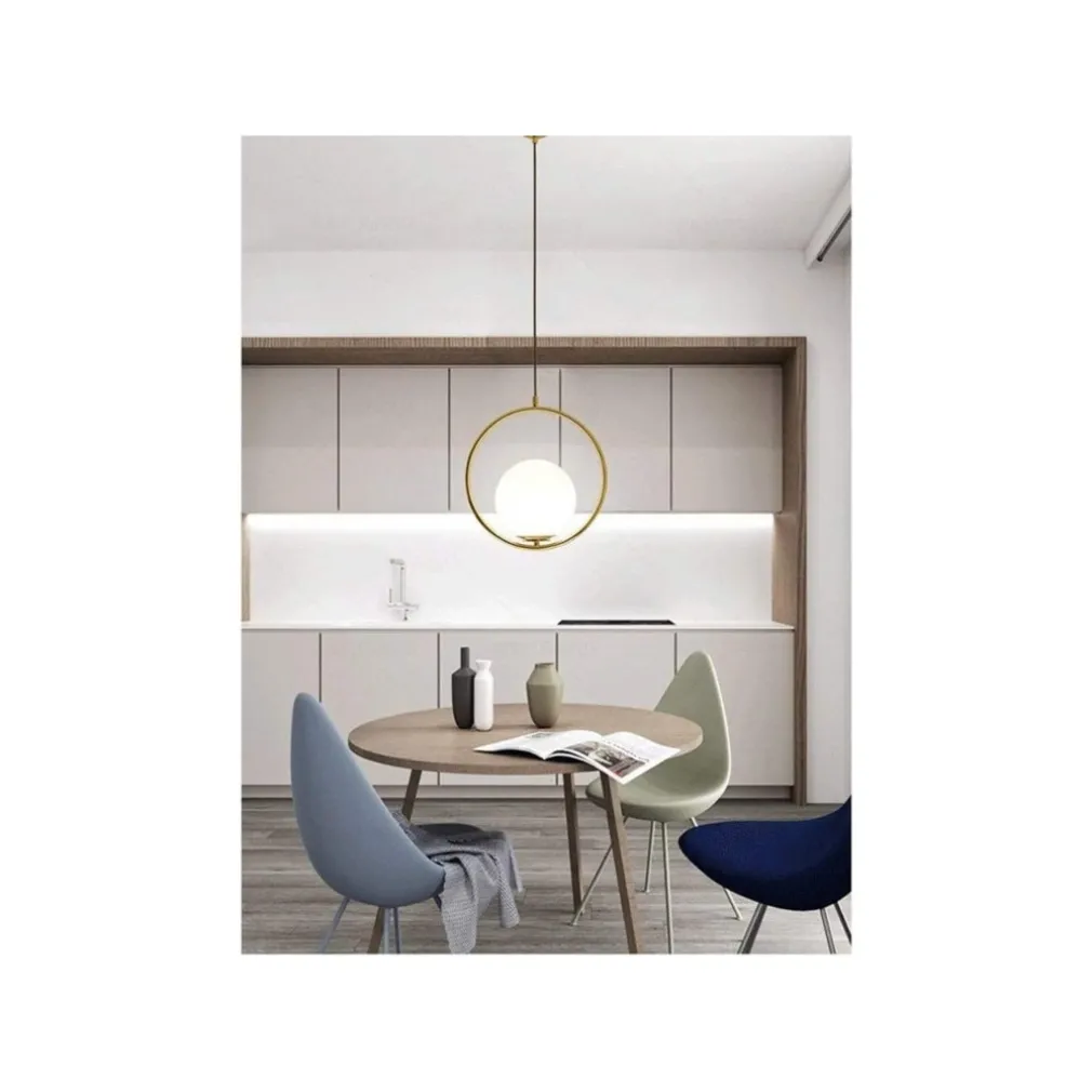 LAMPADARIO A SOSPENSIONE CERCHIO METALLO CON SFERA VETRO BIANCO ATTACCO E27 ORO 32811