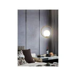 LAMPADARIO A SOSPENSIONE CERCHIO METALLO CON SFERA VETRO BIANCO ATTACCO E27 ORO 32811