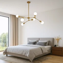 LAMPADARIO A SOSPENSIONE IN BRONZO GEOMETRICO CON 6 BRACCI ATTACCO E27 DA SOFFITTO A45-6