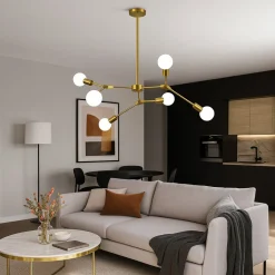 LAMPADARIO A SOSPENSIONE IN BRONZO GEOMETRICO CON 6 BRACCI ATTACCO E27 DA SOFFITTO A45-6