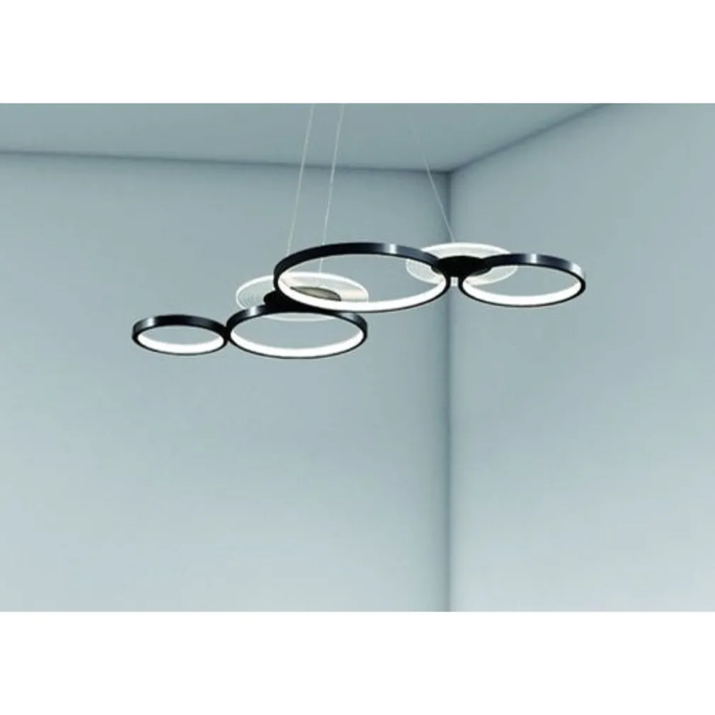 LAMPADARIO A SOSPENSIONE LED NERO 65W 6 ANELLI LUMINOSI MODERNO CON TELECOMANDO 71415