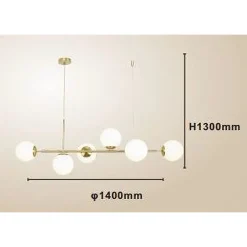 LAMPADARIO A SOSPENSIONE ORO CON 6 SFERE BOLLE BIANCHE IN VETRO ATTACCO G9 33726