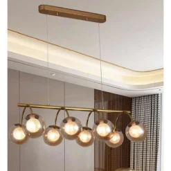 LAMPADARIO A SOSPENSIONE 8 SFERE IN VETRO AMBRA LAMPADA METALLO ATTACCO G9 A04-8