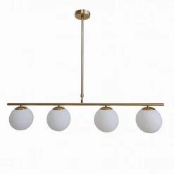 LAMPADARIO A SOSPENSIONE ORO CON 4 SFERE BOLLE BIANCHE IN VETRO ATTACCO G9 33917