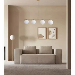 LAMPADARIO A SOSPENSIONE ORO CON 4 SFERE BOLLE BIANCHE IN VETRO ATTACCO G9 33917