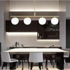 LAMPADARIO A SOSPENSIONE ORO CON 4 SFERE BOLLE BIANCHE IN VETRO ATTACCO G9 33917