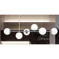 LAMPADARIO A SOSPENSIONE ARGENTO CON 6 SFERE BOLLE BIANCHE IN VETRO ATTACCO G9 33733