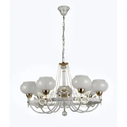 LAMPADARIO CLASSICO BIANCO ANTICATO SHABBY CHIC LAMPADA 7 COPPE CON FARFALLE 92433