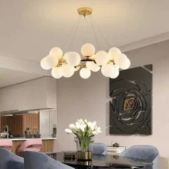LAMPADARIO CONTEMPORANEO IN METALLO BRONZO A SOSPENSIONE 25 SFERE VETRO G9 B87