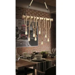 LAMPADARIO COUNTRY 8 PORTALAMPADA E27 LAMPADA SOFFITTO RETRO LEGNO CORDA B23-8