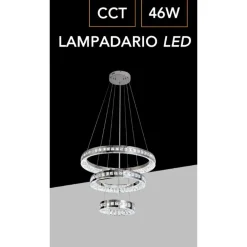 LAMPADARIO LED A SOSPENSIONE SOFFITTO 46W CCT 3 ANELLI DECORATI CRISTALLI ACRILICO B50-3C