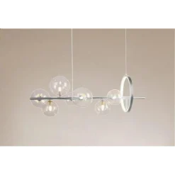 LAMPADARIO MODERNO A SOSPENSIONE ARGENTO 7 SFERE G9 BOLLE IN VETRO CON CERCHIO 71690