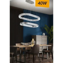 LAMPADARIO MODERNO A SOSPENSIONE LED LUCE FREDDA 40W 2 ANELLI OVALI CRISTALLI B49