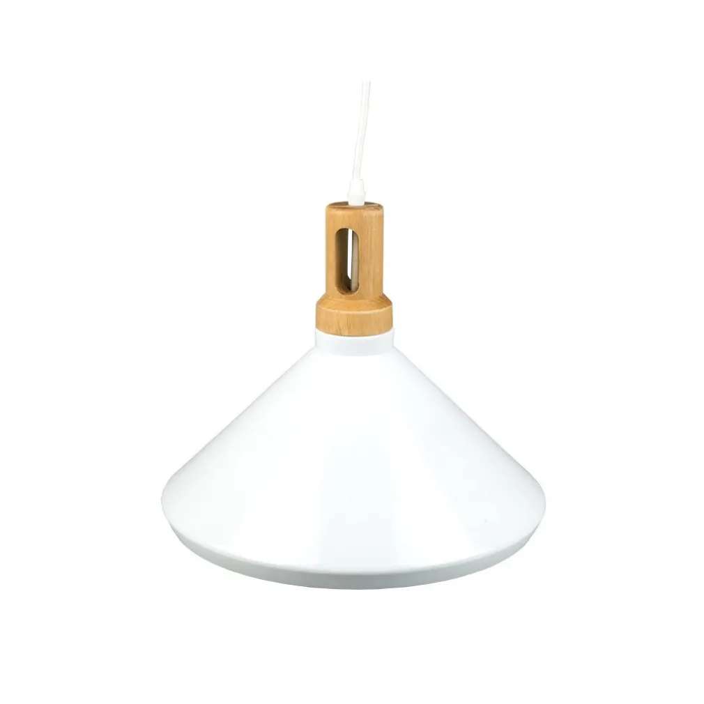 LAMPADARIO PENDENTE LAMPADA A SOSPENSIONE PARABOLA BIANCA BASE IN LEGNO VT-7535