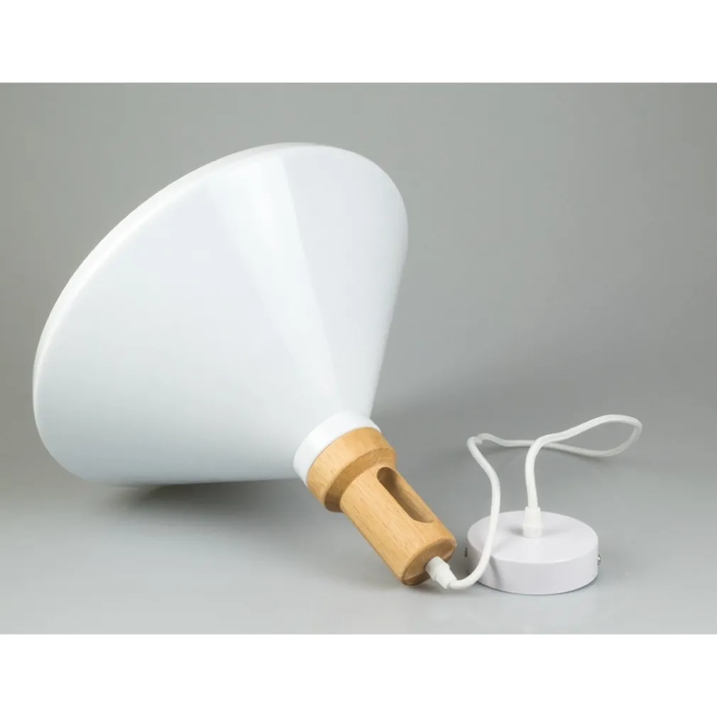 LAMPADARIO PENDENTE LAMPADA A SOSPENSIONE PARABOLA BIANCA BASE IN LEGNO VT-7535