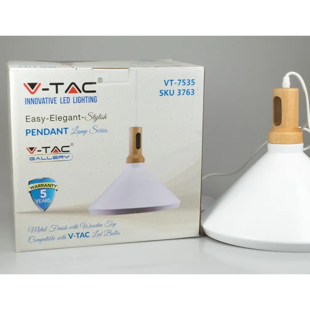 LAMPADARIO PENDENTE LAMPADA A SOSPENSIONE PARABOLA BIANCA BASE IN LEGNO VT-7535