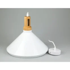 LAMPADARIO PENDENTE LAMPADA A SOSPENSIONE PARABOLA BIANCA BASE IN LEGNO VT-7535