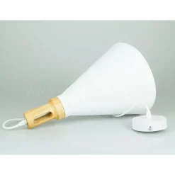 LAMPADARIO PENDENTE LAMPADA A SOSPENSIONE PARABOLA BIANCA BASE IN LEGNO VT-7525