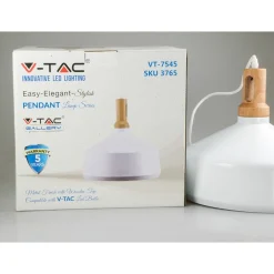 LAMPADARIO PENDENTE LAMPADA A SOSPENSIONE PARABOLA BIANCA BASE IN LEGNO VT-7545