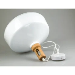 LAMPADARIO PENDENTE LAMPADA A SOSPENSIONE PARABOLA BIANCA BASE IN LEGNO VT-7545