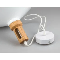 LAMPADARIO PENDENTE LAMPADA A SOSPENSIONE PARABOLA BIANCA BASE IN LEGNO VT-7545