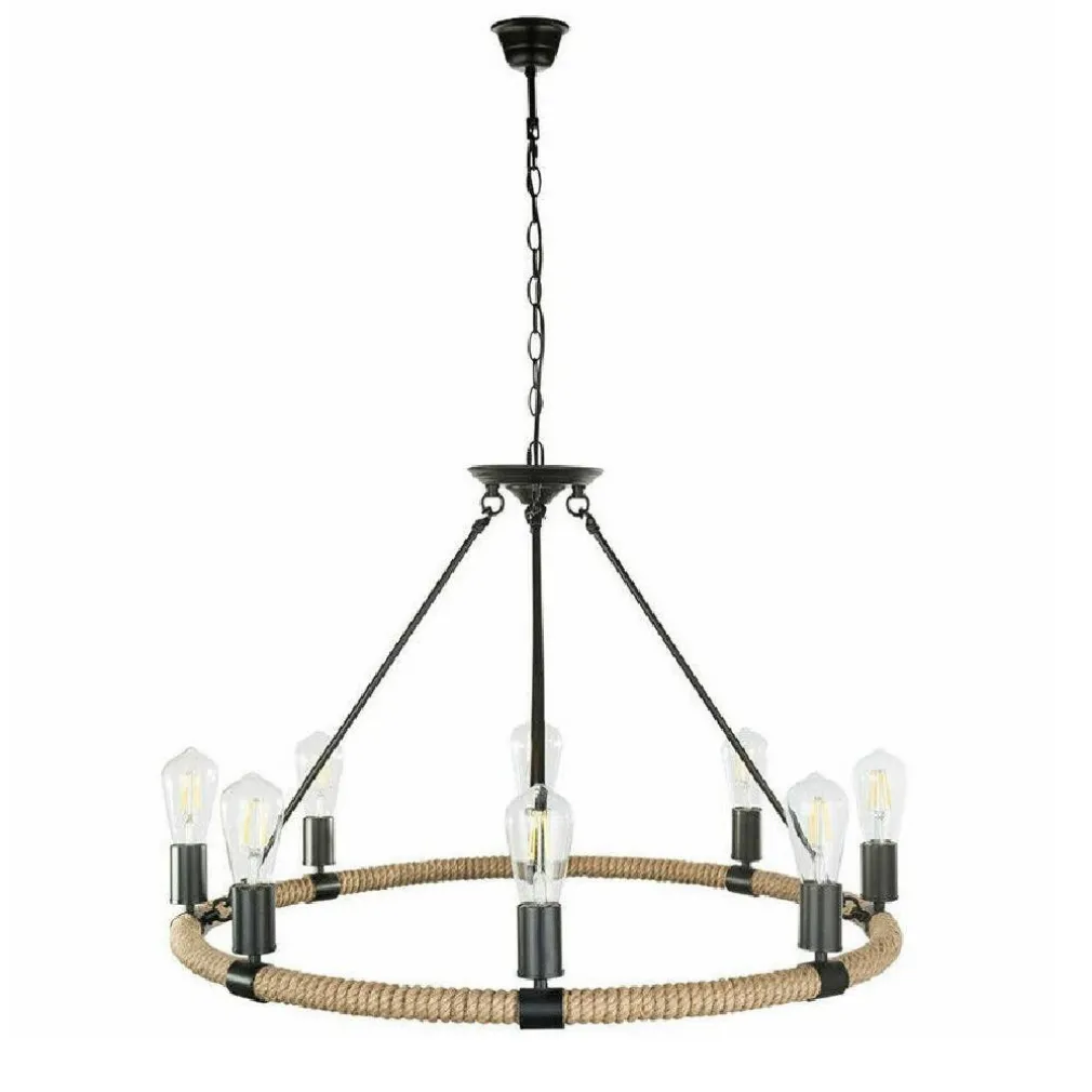 LAMPADARIO ROTONDO RUSTICO IN CANAPA METALLO ATTACCO E27 LAMPADA INDUSTRIALE A20