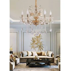 LAMPADARIO SOFFITTO 6 BRACCI SOSPENSIONE PLAFONIERA SFERE CRISTALLI PENDENTI A18