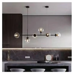 LAMPADARIO SOSPENSIONE 6 SFERE ATTACCO E27 IN VETRO LAMPADA IN METALLO NERO 71669