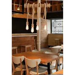 LAMPADARIO SOSPENSIONE CON CORDA IN CANAPA 4 PORTALAMPADA E27 STILE COUNTRY B23