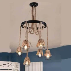 LAMPADARIO SOSPENSIONE CON CORDE CANAPA CERCHIO METALLO VINTAGE ATTACCO E27 A90-6