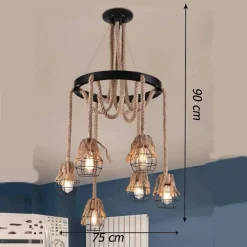 LAMPADARIO SOSPENSIONE CON CORDE CANAPA CERCHIO METALLO VINTAGE ATTACCO E27 A90-6